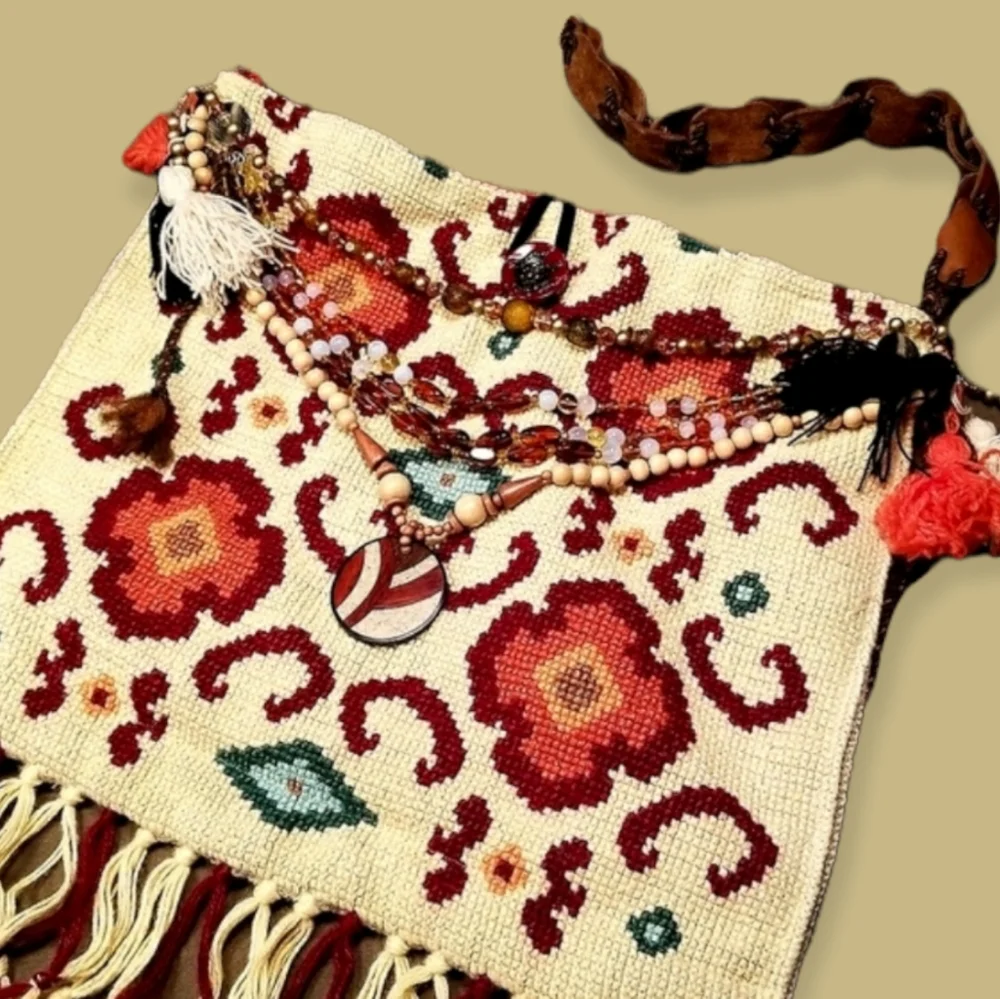 Vintage Textiles Boho Ethnic Festival Handmade Needlepoint Handbag